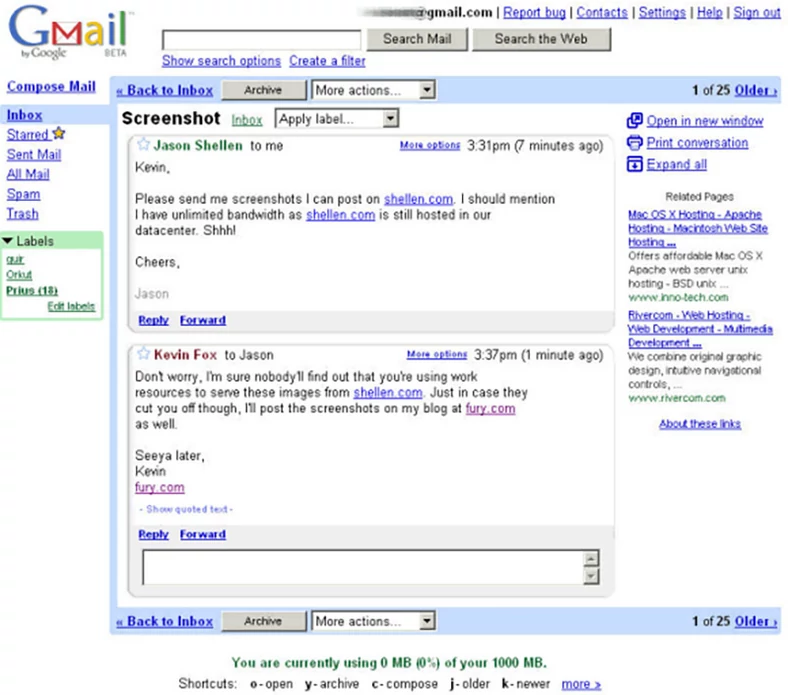 Wygląd starej skrzynki Gmail