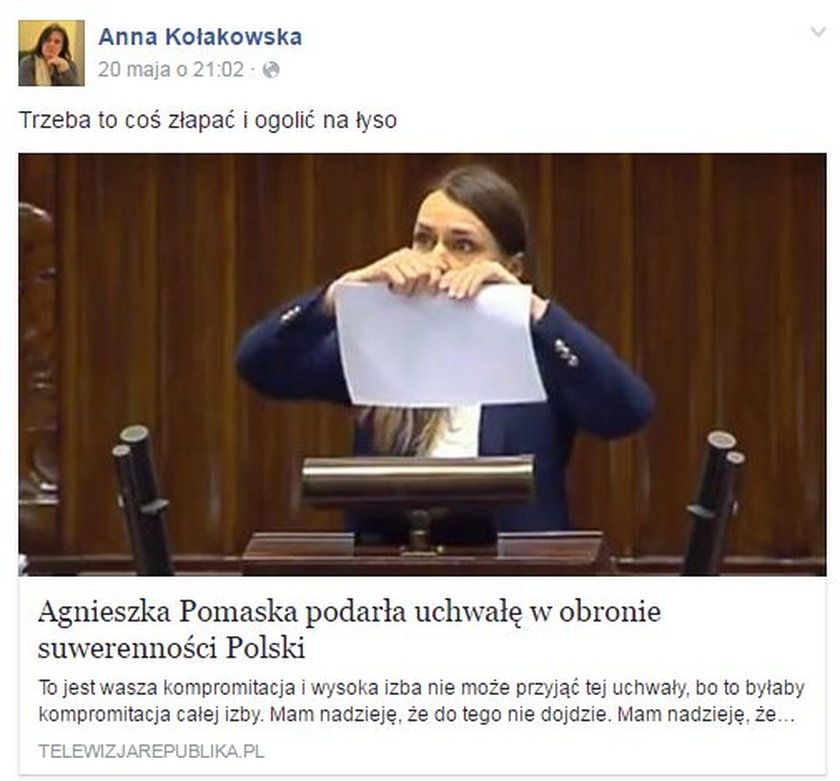 Obraźliwy wpis radnej PiS Anny Kołakowskiej na temat Agnieszki Pomaskiej 
