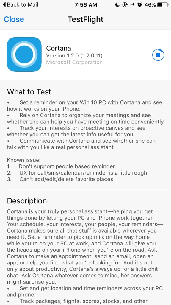 Testy Cortany na iOS odbywają się poprzez TestFlight