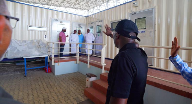 Lagos state Governor, Babajide Sanwo-Olu on a visit to the Infectious Disease Hospital in Yaba where the Coronavirus index patient is being managed. [Twitter/@jidesanwoolu]