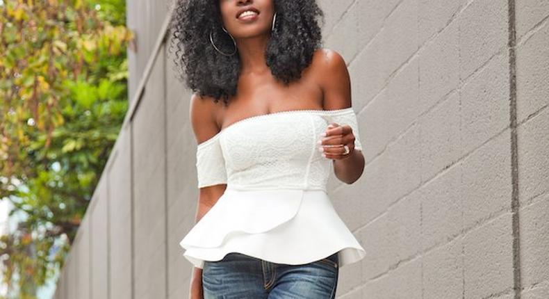 Folake Huntoon scores denim with flirty off shoulder top