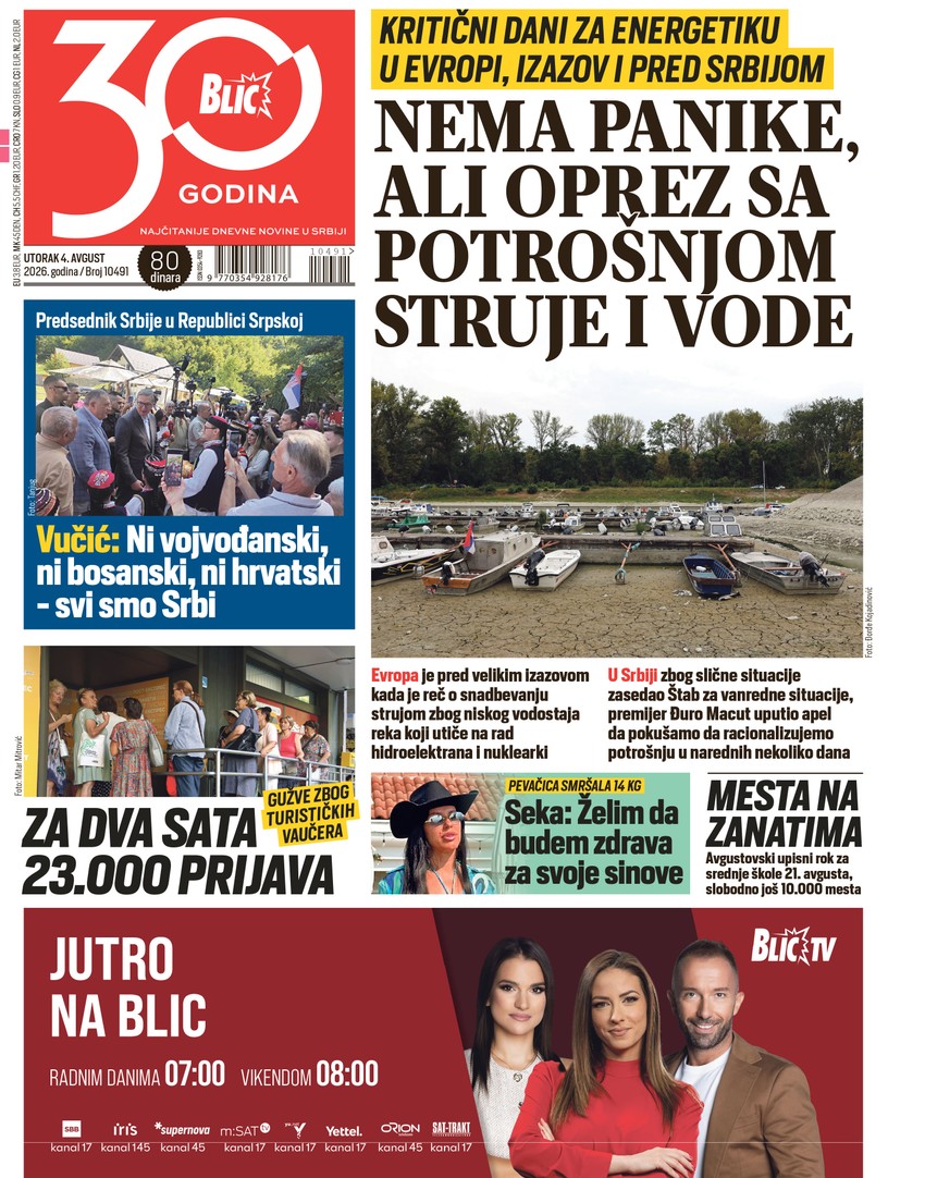 Blic naslovna strana za 4.8.