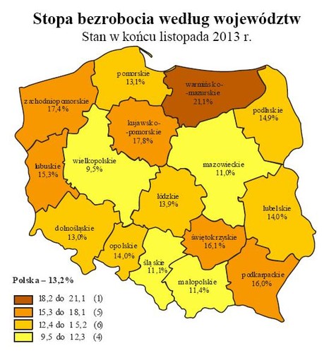Stopa bezrobocia wg województw, koniec listopada 2013, źródło: GUS