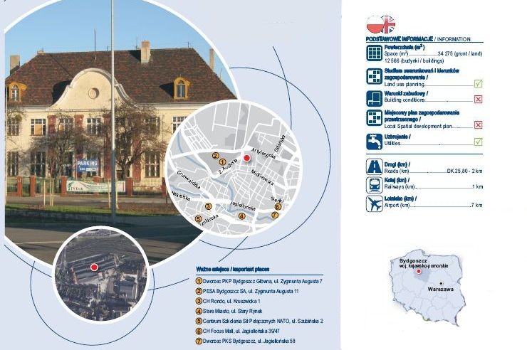 Bydgoszcz, ul. Rycerska 22 – nieruchomość położona w samym centrum miasta zapewnia dostęp do jego pełnej infrastruktury – obiektów kultury, usług, stref handlowych, a nawet szkół – czytamy w prospekcie PKP. Działka jest otoczona przez osiedla mieszkaniowe i obszary przemysłowe, a nieopodal znajduje się dworzec kolejowy. Powierzchnia działki: 34 275 mkw. Powierzchnia budynków: 12 566 mkw. Zdj. Nieruchomości PKP Bydgoszcz ul. Rycerska - źródło PKP