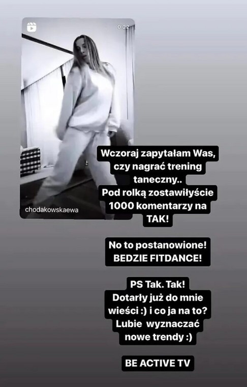 InstaStory z profilu Ewy Chodakowskiej