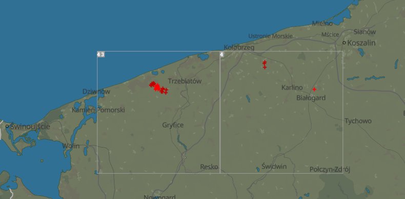 Czerwone krzyżyki oznaczają doziemne wyładowania atmosferyczne, jakie wystąpiły w Polsce dziś około południa