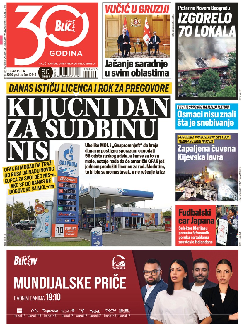 Blic naslovna strana za 16.6.