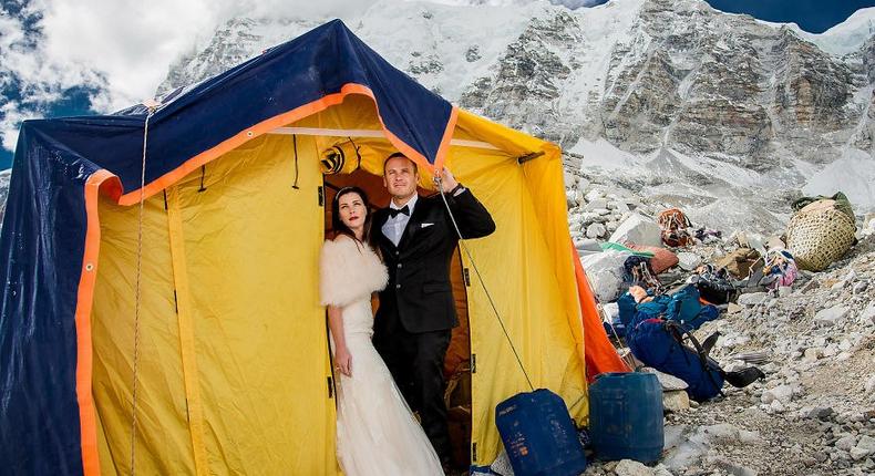 The couple at the Everest Base Camp, 17,000 feet above sea level.