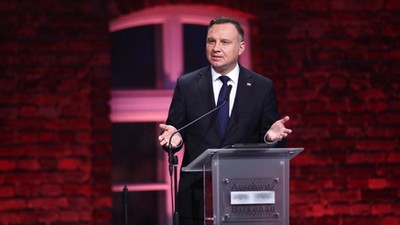 Prezydent Andrzej Duda podczas uroczystości w ramach obchodów 75. rocznicy wyzwolenia obozu  Auschwitz-Birkenau 