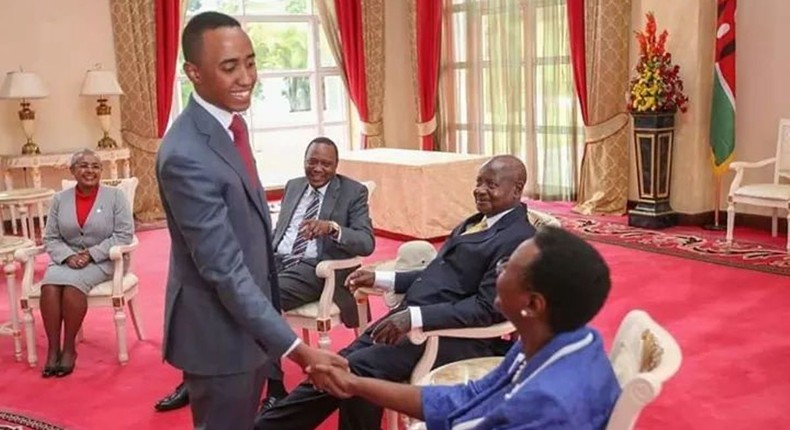 Muhoho Kenyatta, President Uhuru Kenyatta's son greets Uganda's First Lady Janet Museveni during a past state visit at State House Nairobi 