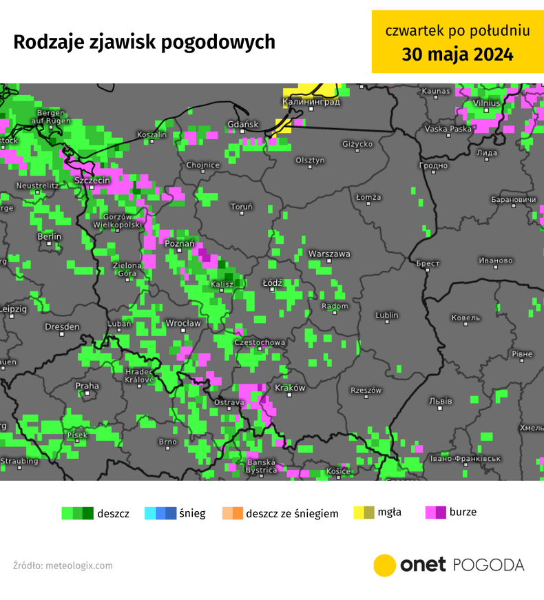 Na przeważającym obszarze kraju możliwe są przelotne opady deszczu i burz