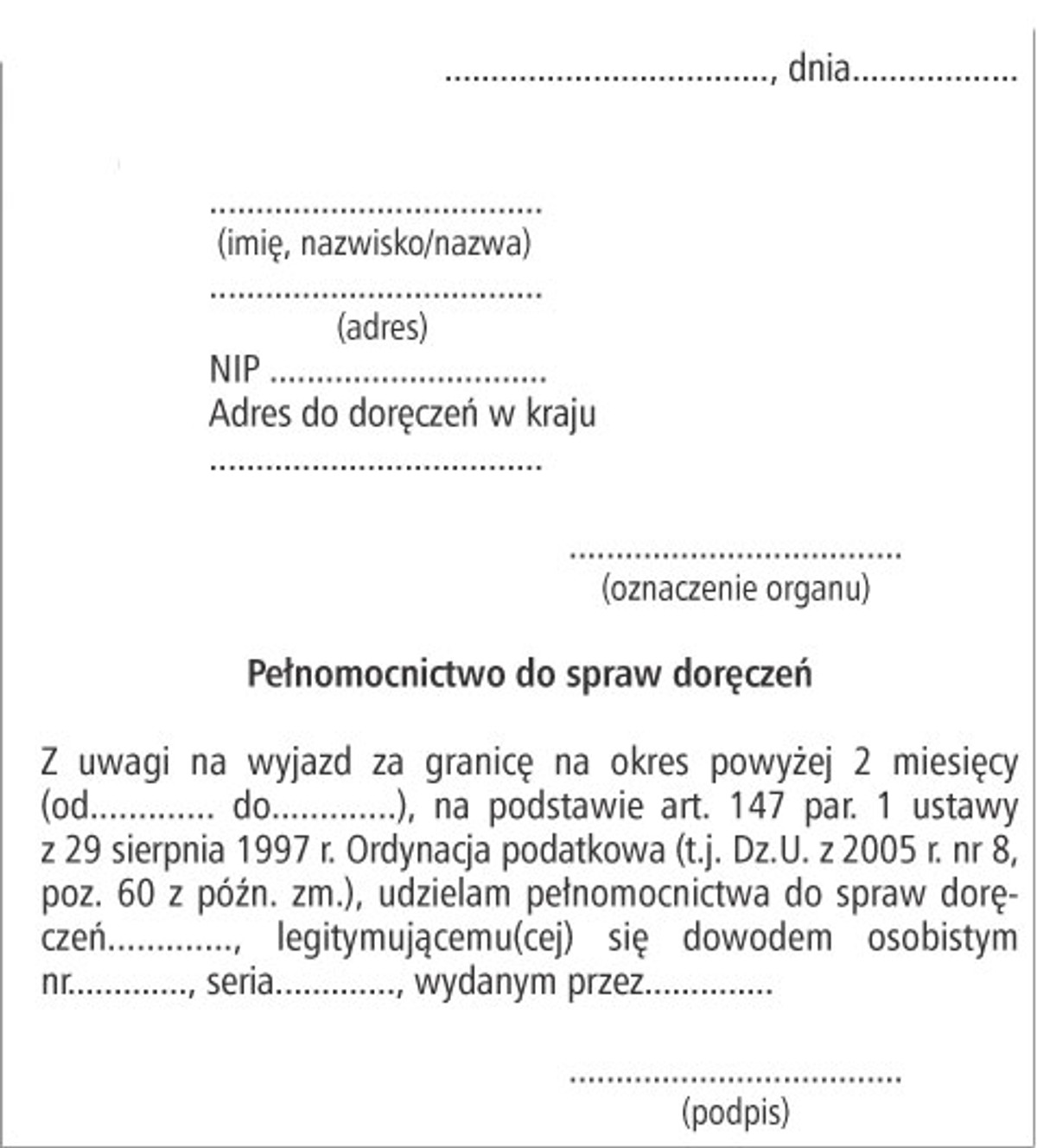 Wzór pełnomocnictwa do spraw doręczeń