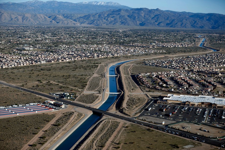 A parched aqueduct in Victorville, a city east of Los Angeles.