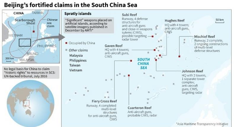 Analysis shows significant weaponry on artificial islands that China has built in the South China Sea, including anti-aircraft guns