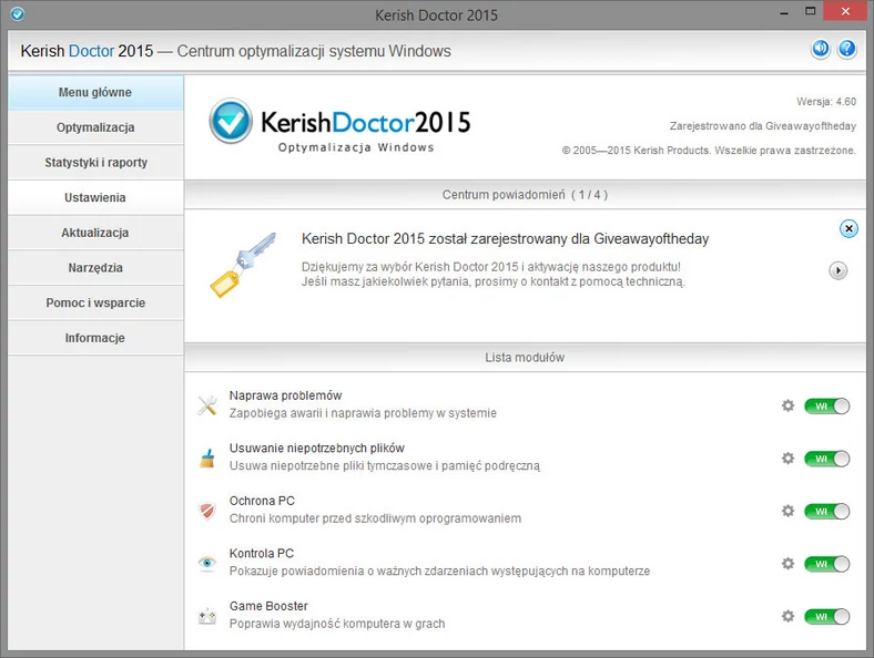 Główne okno programu do optymalizacji Windows - Kerish Doctor 2015