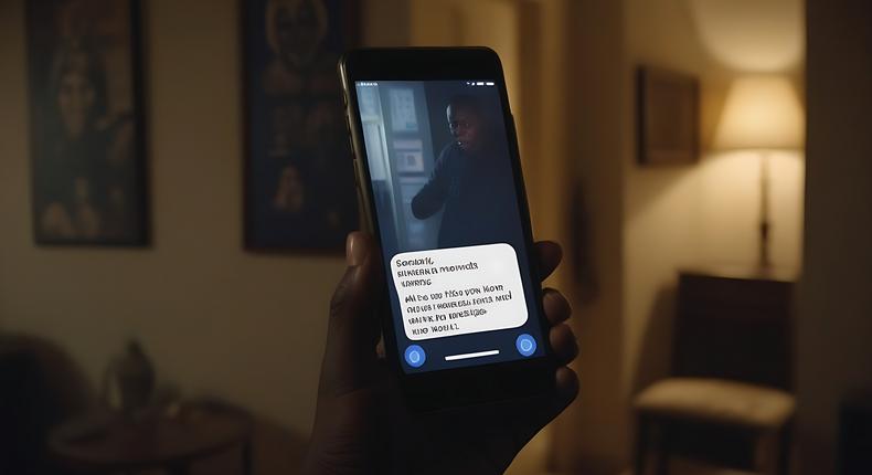 An AI generated image of a phone in a dimly lit room showing text messages
