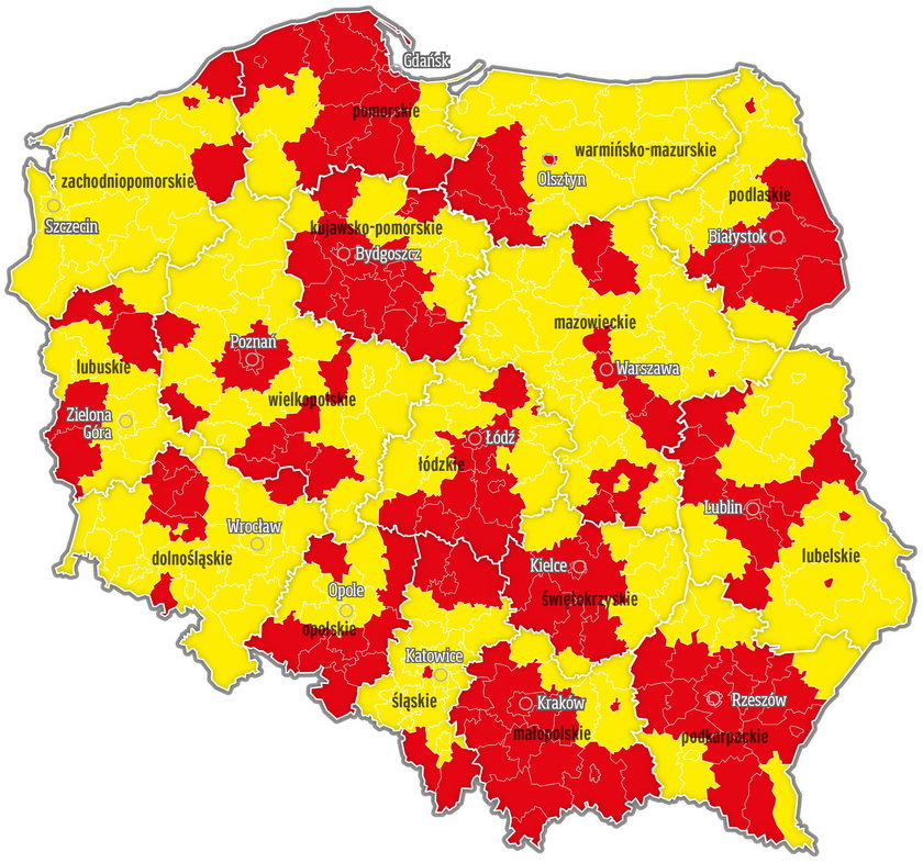Do strefy czerwonej zakwalifikowały się 152 powiaty, w tym 11 miast wojewódzkich