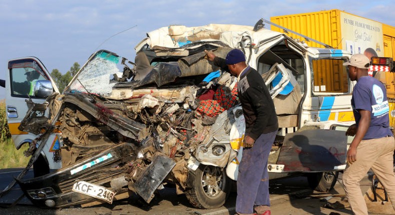 The wreckage of an 11-seater matatu involved in an accident at Sobea near Salgaa area