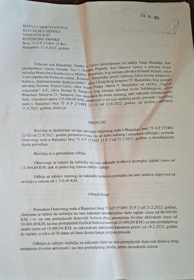 Presuda Vrhovnog suda RS u slučaju Branislava Kneževića