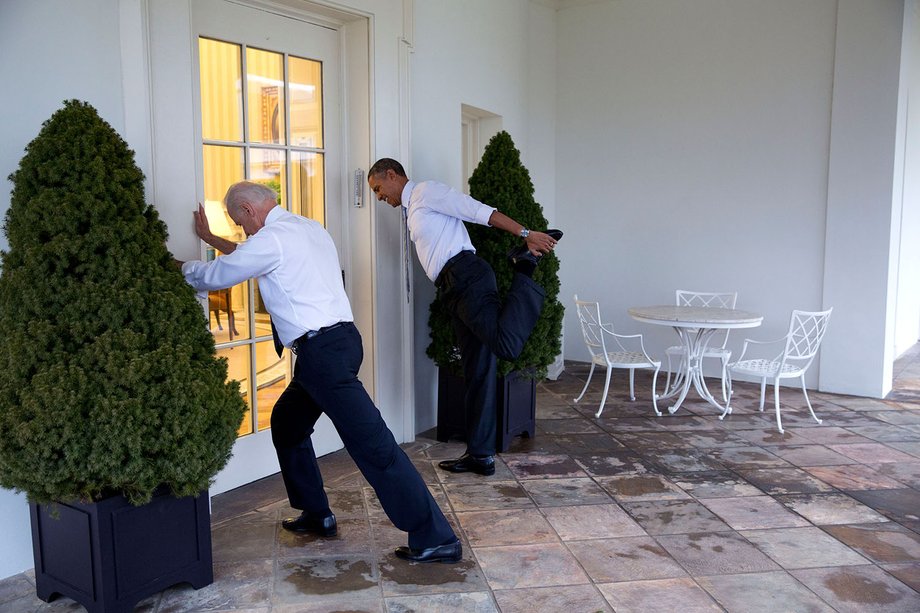 Obama and Biden participate in a "Let's Move!" video taping on the Colonnade of the White House.