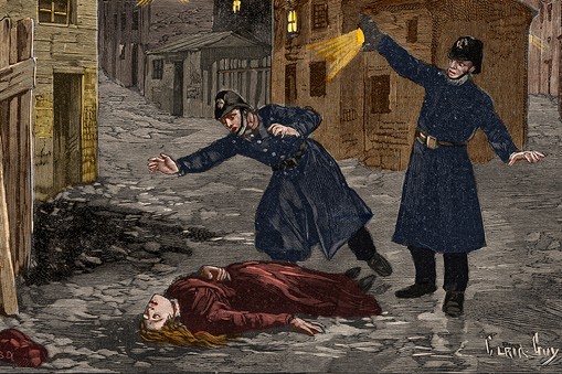 Ilustracja z „Le Petit Parisien z 1891 r. przedstawiająca zbrodnię popełnioną przez Kubę Rozpruwacza w londyńskiej dzielnicy Whitechapel