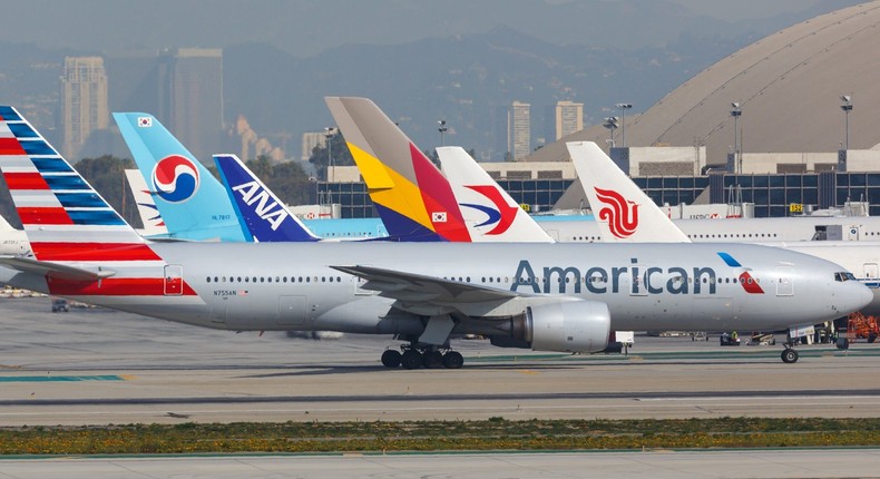 An American Airlines Boeing 777-200 at Los Angeles International Airport.