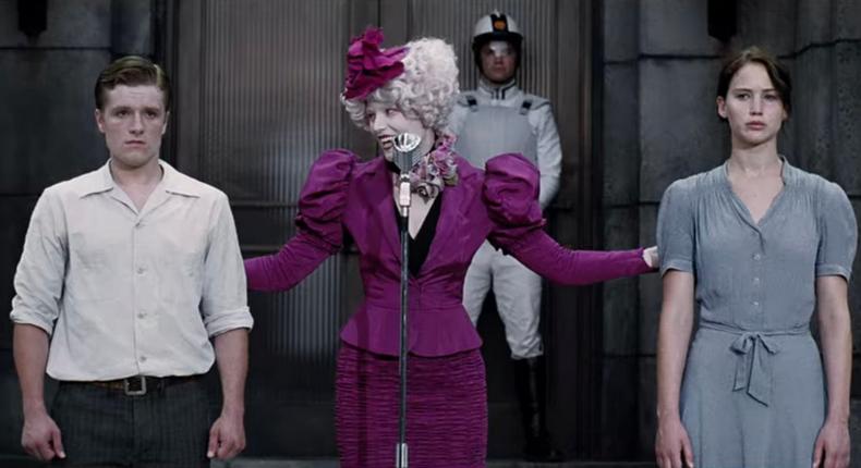 Josh Hutcherson as Peeta, Elizabeth Banks as Effie, and Jennifer Lawrence as Katniss in The Hunger Games.Lionsgate