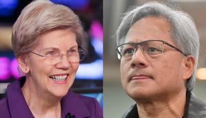 US Sen. Elizabeth Warren is warning that Nvidia, led by CEO Jensen Huang, has too much dominance in the chipmaking market.REUTERS/Andrew Kelly; SAM YEH/AFP via Getty Images