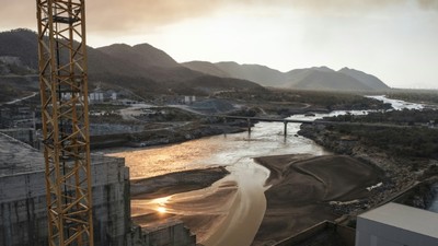 The Blue Nile river passes through the Grand Ethiopian Renaissance Dam (GERD),  near Guba in Ethiopia