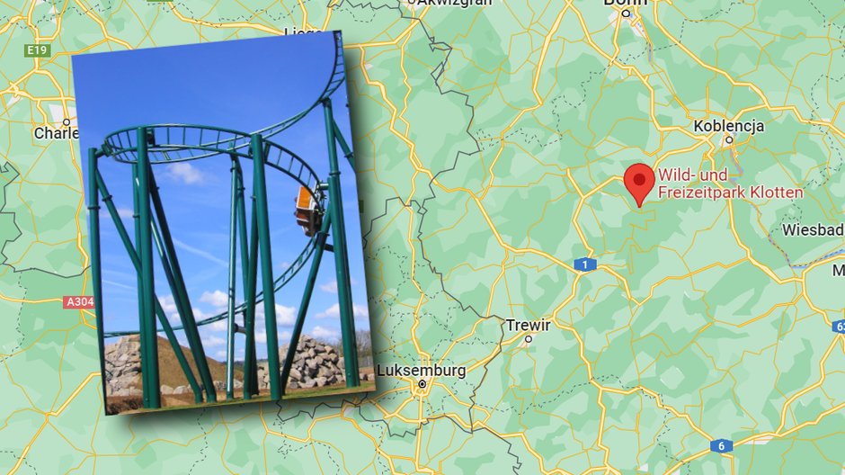 Rollercoaster w Wild-und Freizeitpark. Mapa w tle pokazuje, gdzie znajduje się ten obiekt