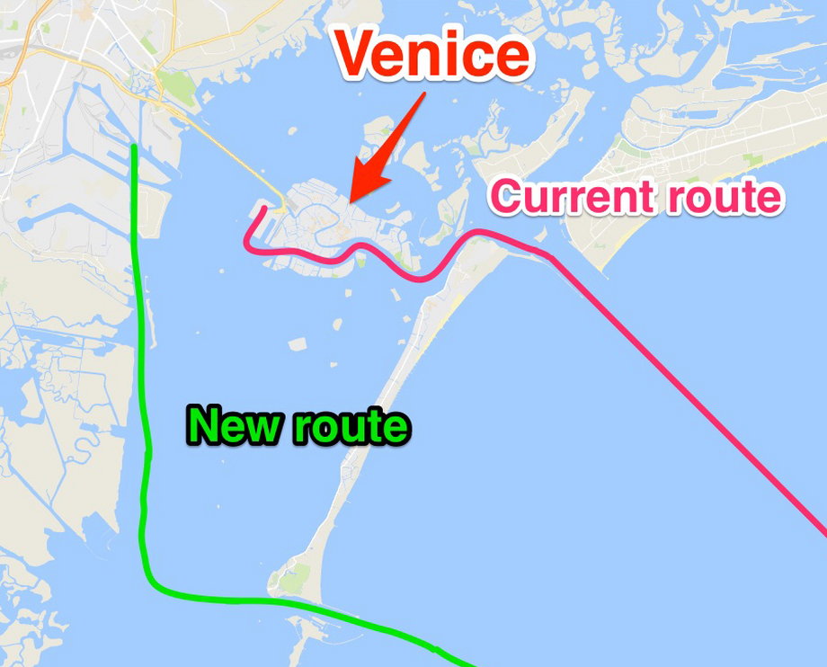A map showing the old and potential new routes taken by cruise ships in Venice.