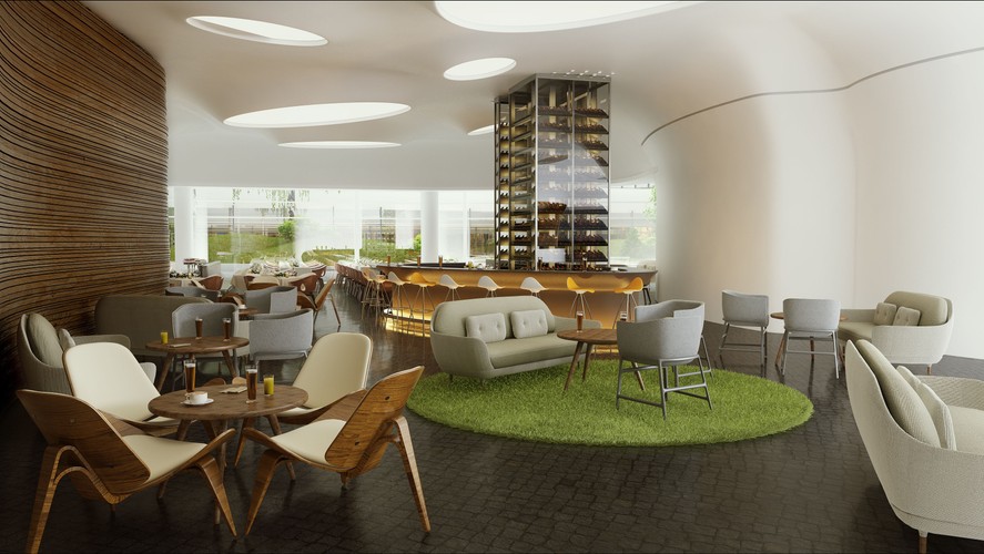 W OVO Wrocław znajdzie się między innymi pięciogwiazdkowy hotel DoubleTree należący do sieci Hilton. Do dyspozycji klientów będzie prawie 200 luksusowymi pokoi, restauracja i kasyno.<br>OVO Wrocław - Hilton restauracja wizualizacja