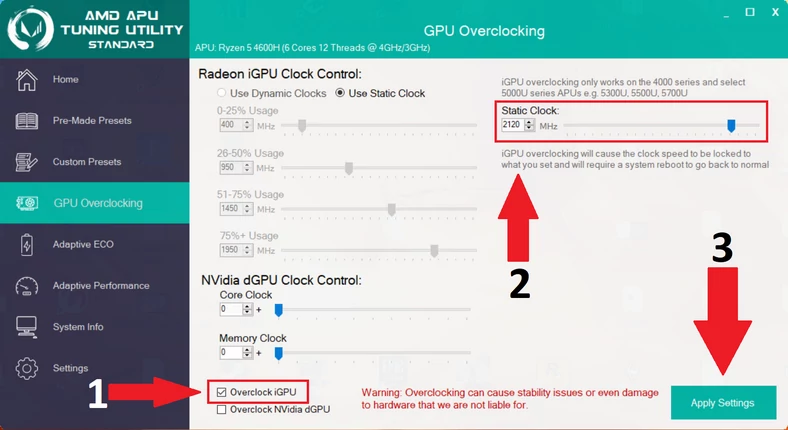 Podkręcanie układu Radeon Graphics w programie AMD APU Tuning Utility