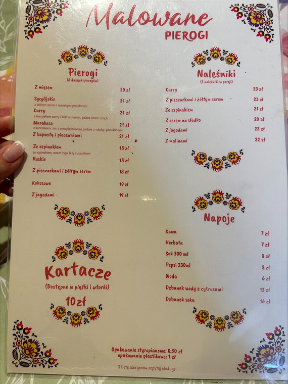 Menu w restauracji "Malowane pierogi" w Łomży