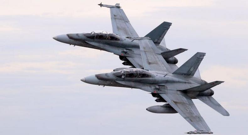 Two Royal Canadian Air Force (RCAF) CF-18 Hornet aircraft.Dave Sandford/NHLI via Getty Images