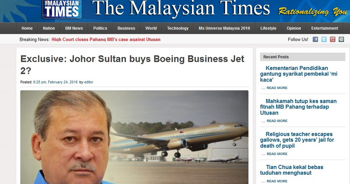 Sułtan Malezji Johor Ibrahim Ismail kupił złotego Boeinga 737