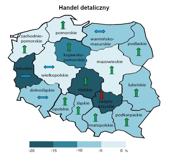 Ogólny klimat koniunktury według województw (dane wg siedziby przedsiębiorstwa) - handel detaliczny