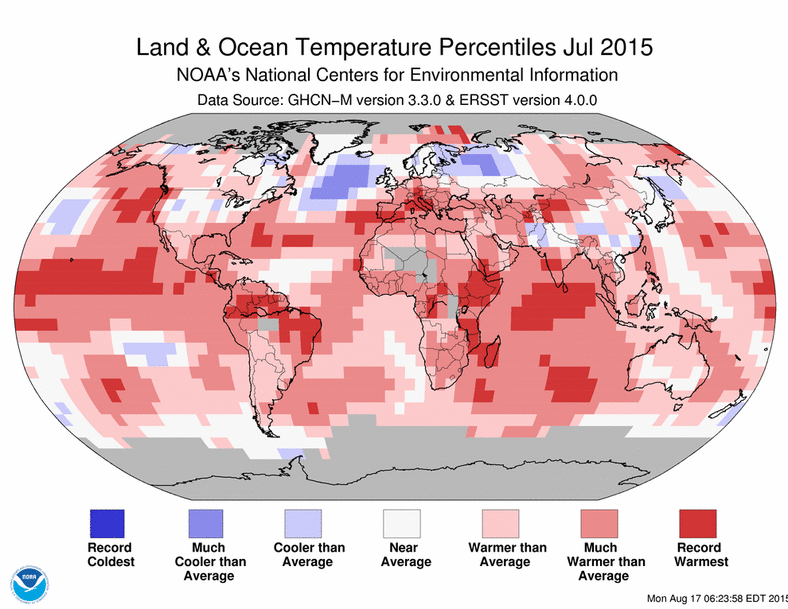 Temperatury lądu i wód na świecie w lipcu 2015