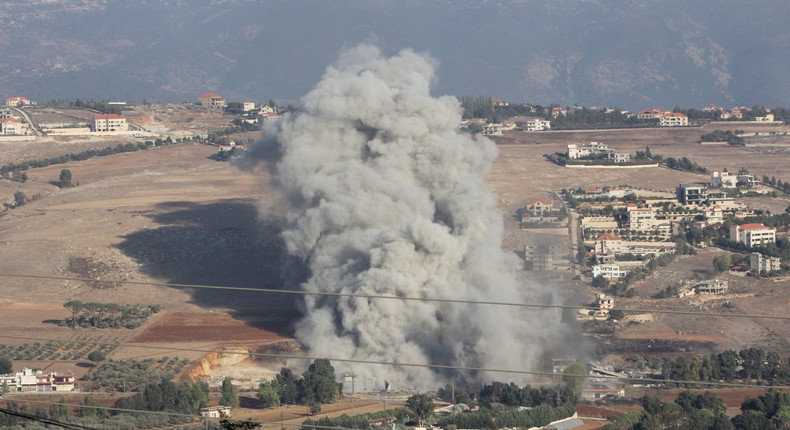 Smoke rises after an Israeli attack in Khiam town of Nabatieh, Lebanon, on September 28, 2024.Ramiz Dallah/Anadolu via Getty Images