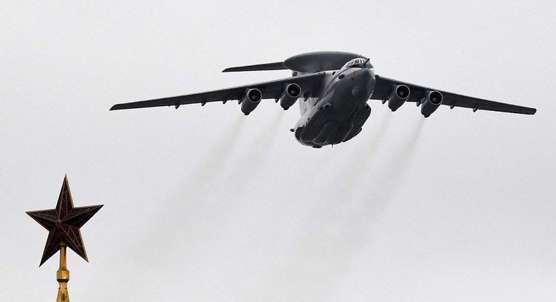 A Beriev A-50 early warning and control aircraft flies over the Kremlin and Red Square in downtown Moscow to mark the 75th anniversary of the victory over Nazi Germany in World War II, May 9, 2020.Photo by YURI KADOBNOV/AFP via Getty Images