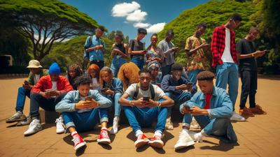 An AI-generated depiction of Kenyan GenZ youths of diverse appearance sitting and standing in a park