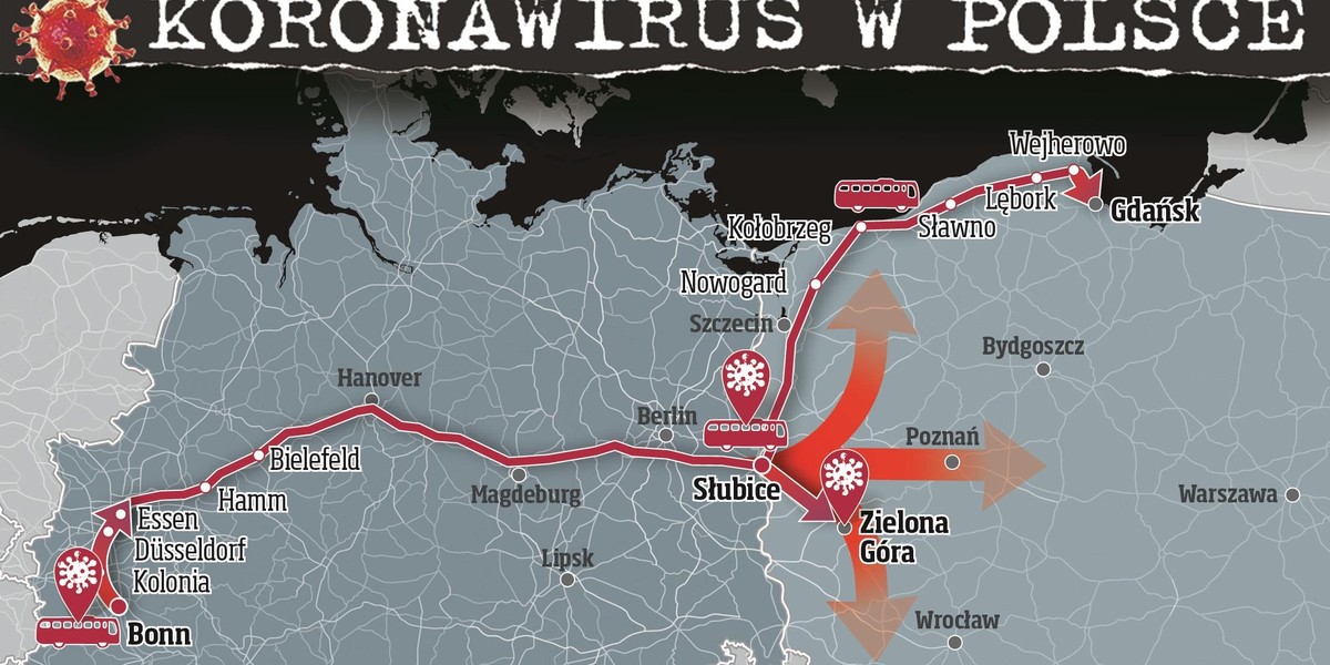 Oto trasa przejazdu autobusu z Polakiem zarażonym koronawirusem