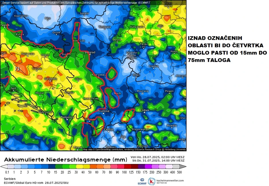 Do četvrtka će pasti od 15 do 75 mm kiše