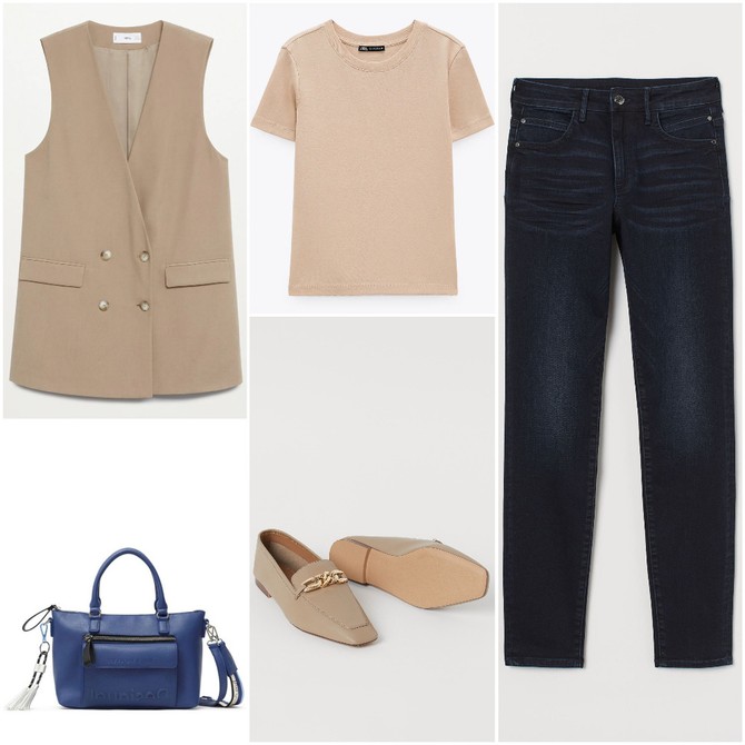 Majica „Zara“,  prsluk „Mango“,  farmerke i mokasine „H&M“,  tašna „Desigual“