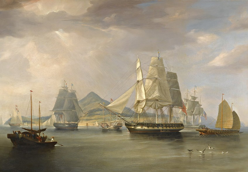 Opiumowe statki u wybrzeży wyspy Lintin w in 1824 r., obraz Williama Johna Hugginsa