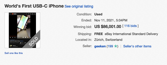 Pierwszy iPhone z USB C na eBayu osiągnął wartość 86 tys. dol.
