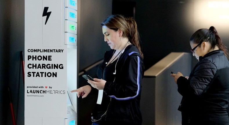 Free phone charging services found at airports, bus stops, and shopping malls may be compromised by hackers, the FBI has warned.Mike Coppola/Getty Images