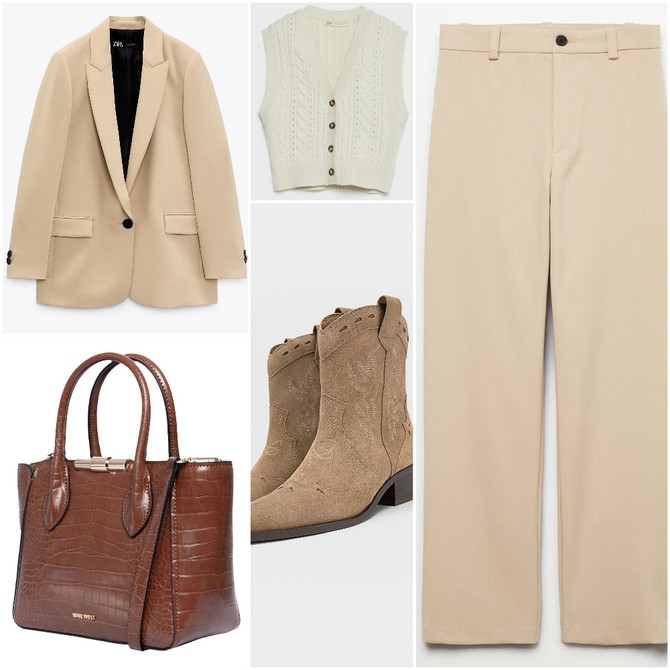 Sako „Zara“, pantalone „Mango“, prsluk i kaubojke „Stradivarius“, tašna „Nine West“