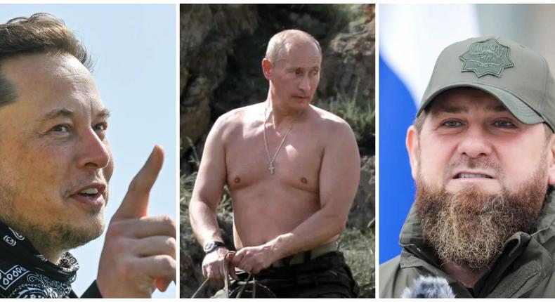 A collage showing, left to right: Elon Musk, Putin in 2008, and Ramzan Kadyrov