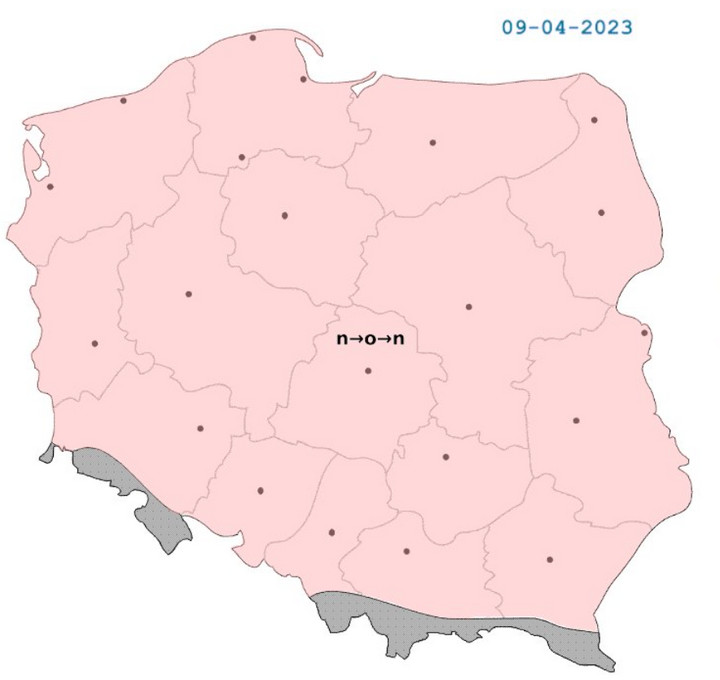 Biometeorologiczna ocena pogody prognozowanej na 09.04.2023 [mapa]